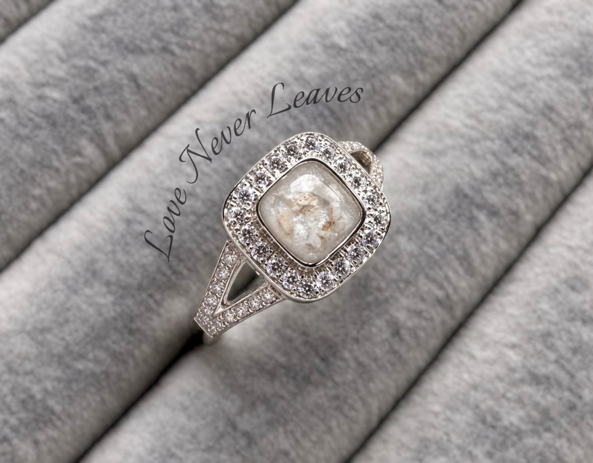 Split shank square cushion memorial ring