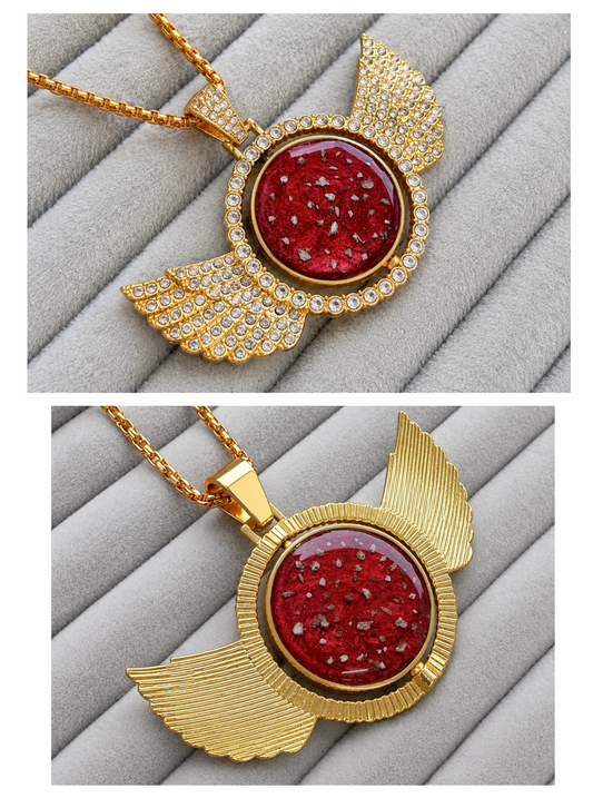 Gold angel wing pendant necklace - double sided