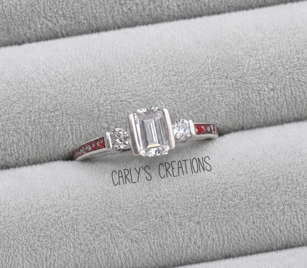 Emerald cut cz shoulder memorial ring