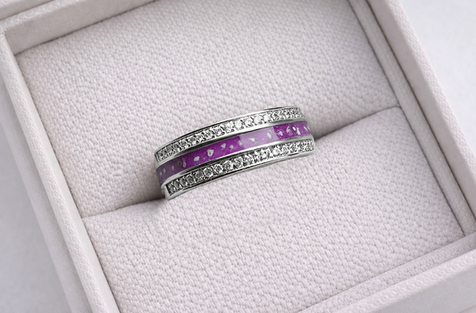 Double cz  band half channel memorial ring